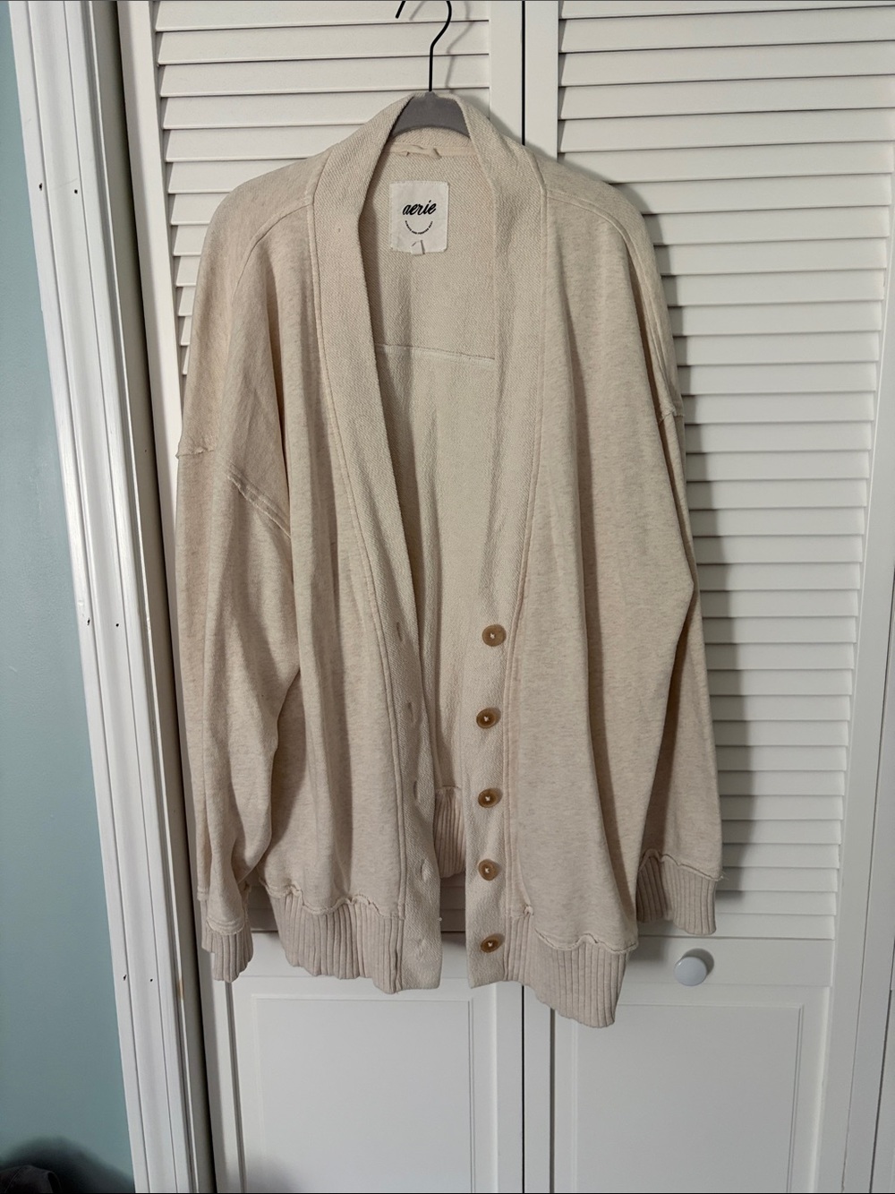 aerie Cream Button-Front Shawl Collar Cardigan